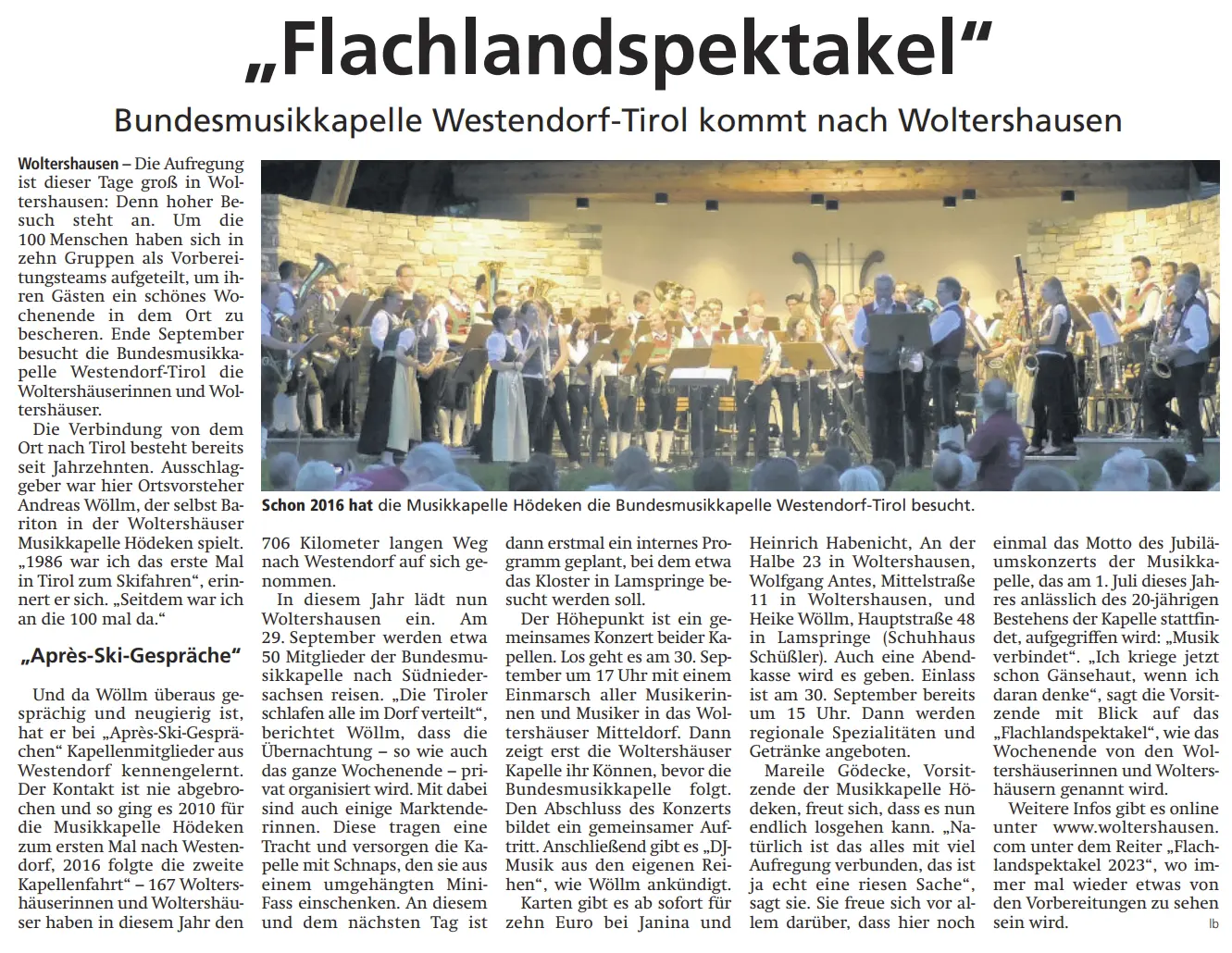 Zeitungsartikel von der Ankündigung des Flachlandspektakel 2023 in Woltershausen